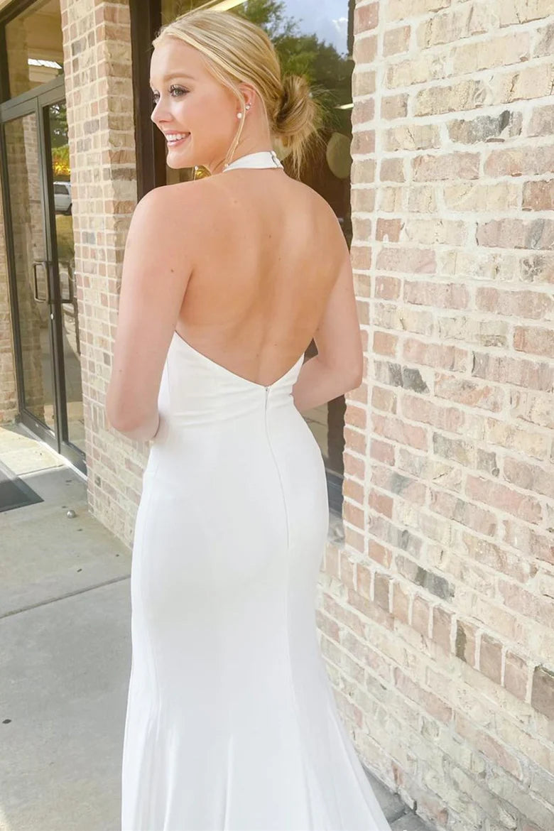 Vestido de novia largo de sirena con abertura y cuello halter/sin velo